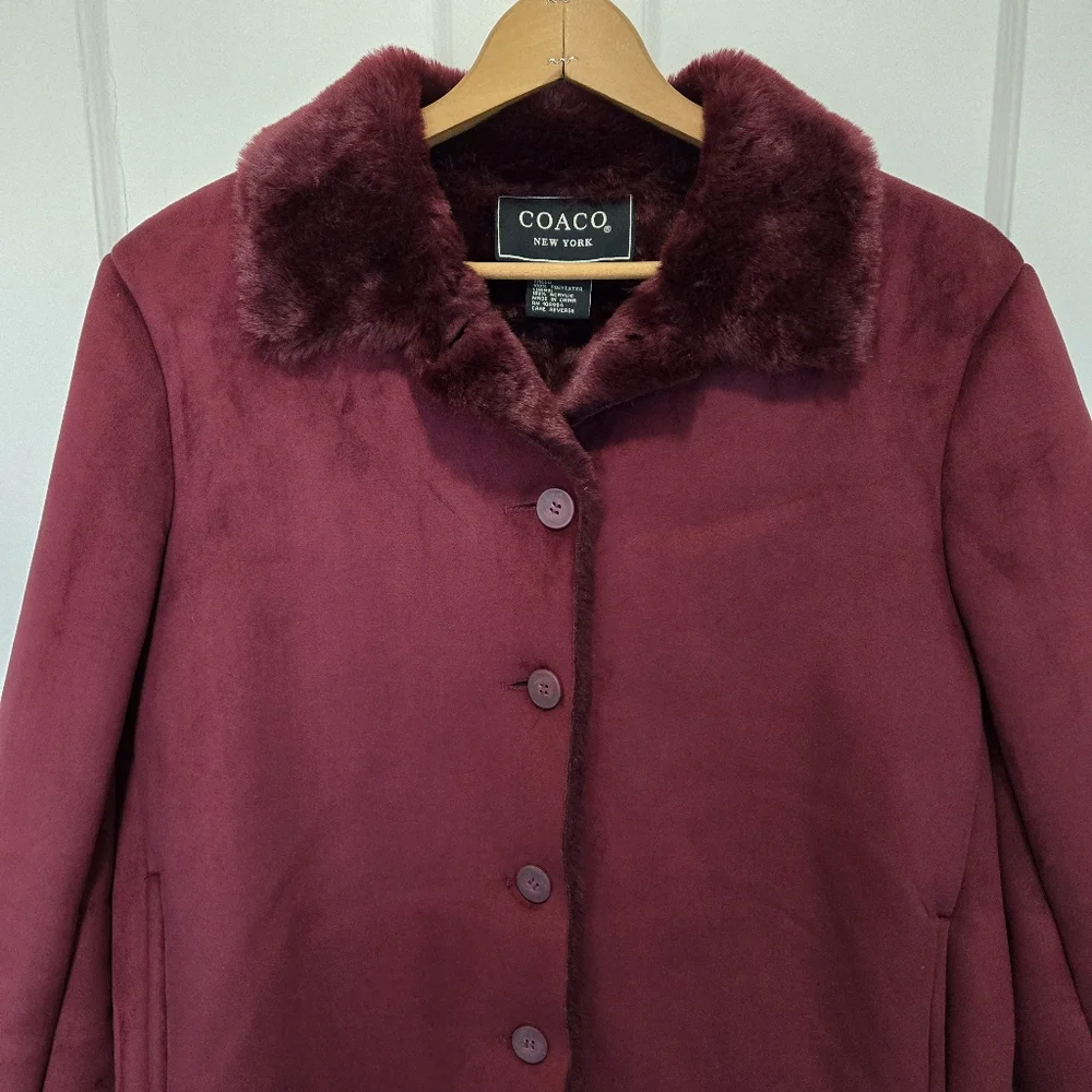 Coaco Women's Burgundy Penny Lane Coat Size S Faux Fur Trim Y2K Bratz Statement